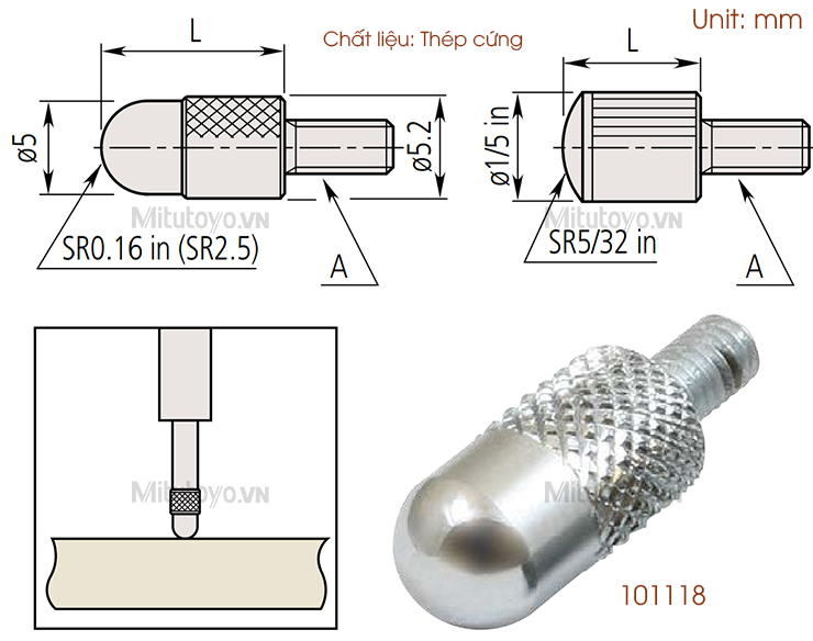 Đầu đo đồng hồ so Mitutoyo 101118 hình vỏ trứng | Shell Type Point